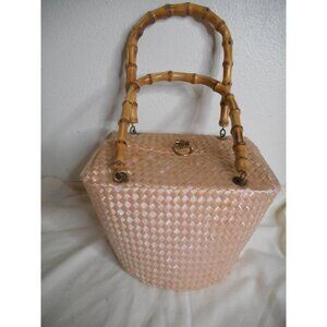 Vintage light pink Bamboo Handled Woven Lined Handbag Purse Estate Find